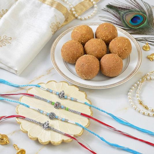 4 Piece Sacred Blessings Rakhi With Besan Laddu
