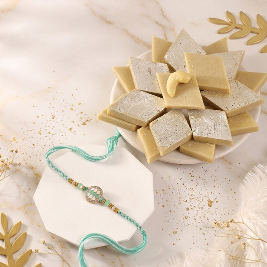 Turquoise Grace Rakhi With Kaju Katli