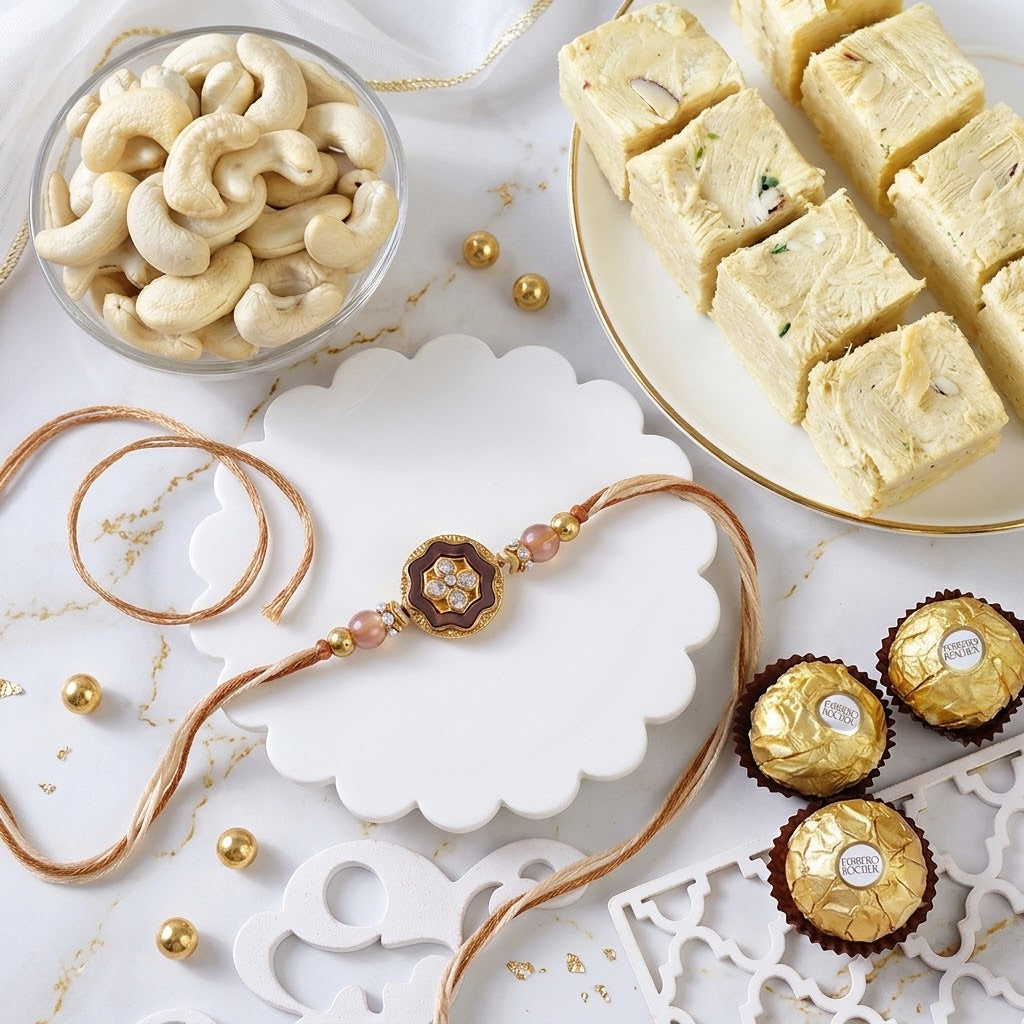 Blushing Rose Gold Flower Rakhi with Celebration Hamper