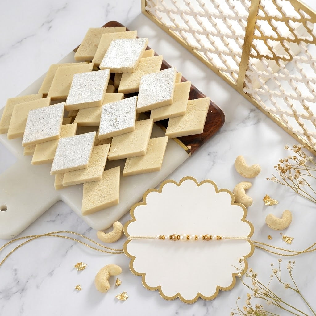 Ivory Luxe Rakhi With Kaju Katli