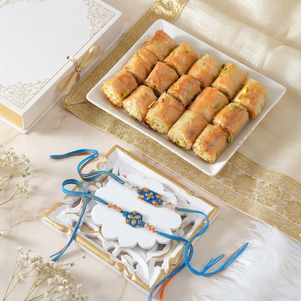 Royal Sapphire Rakhi Set With Baklava Sweet