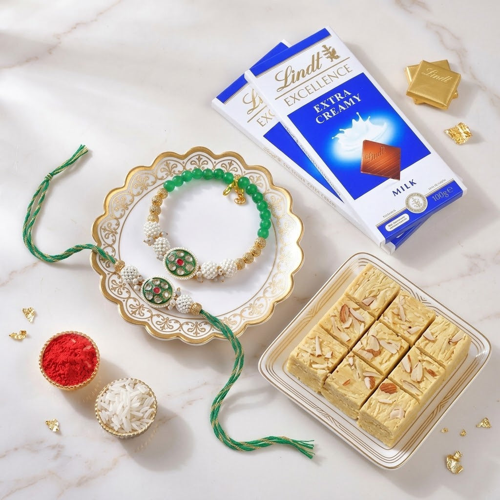 Elegant Golden Green Bhaiya Bhabhi Rakhi With Luxury Lidt Chocolates & Soan Papdi