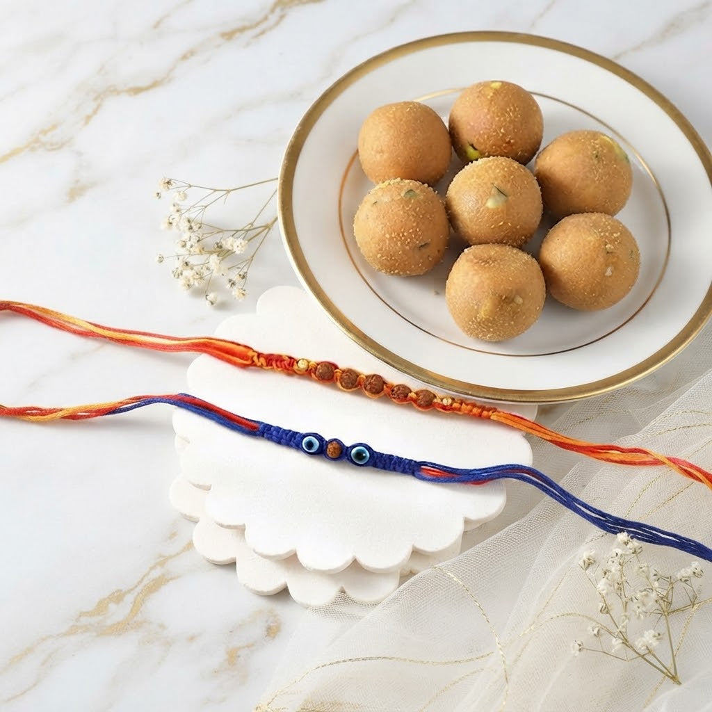 Hand Crafted Rudraksha Heritage Rakhi With Besan Laddu