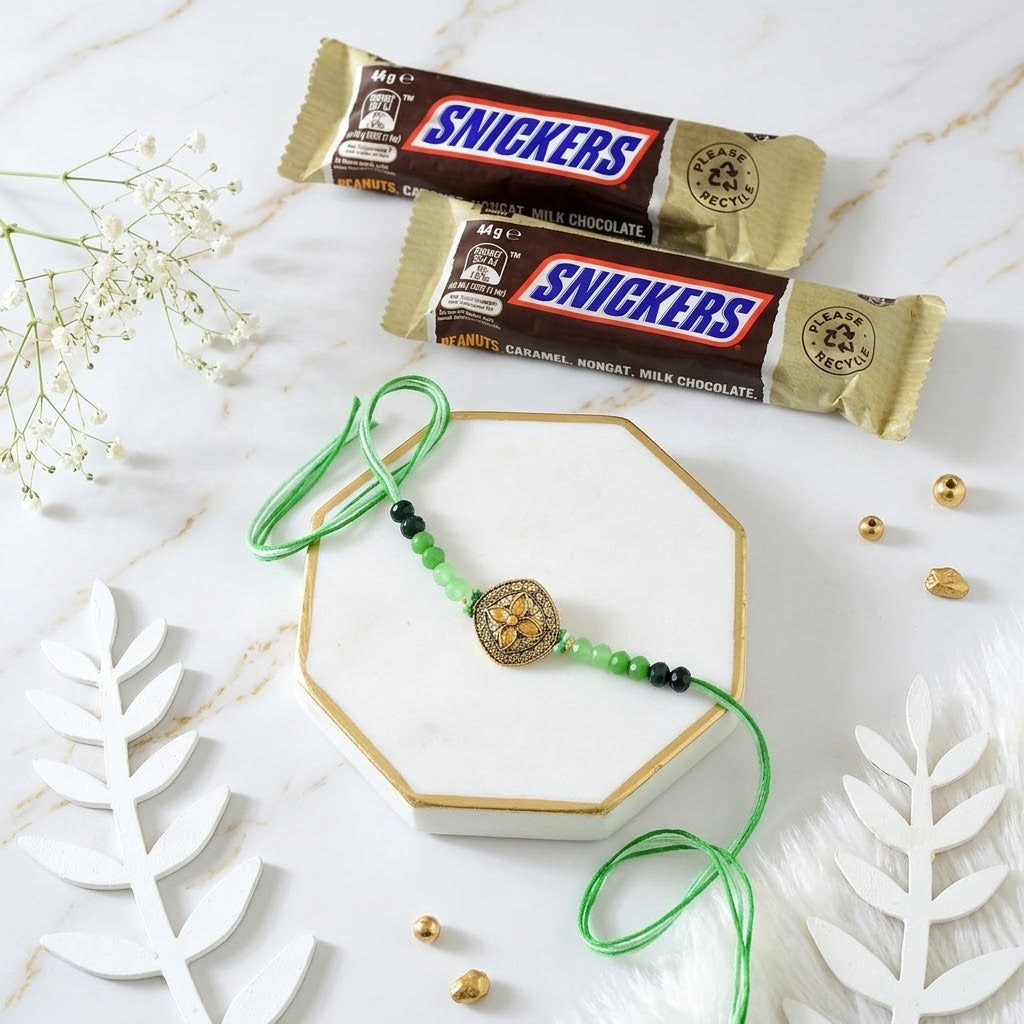 Olive Gold Royal Rakhi With Snicker Chocolate