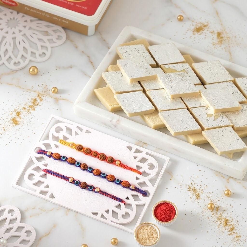 Rudraksha Heritage Rakhi Trio With Kaju Katli
