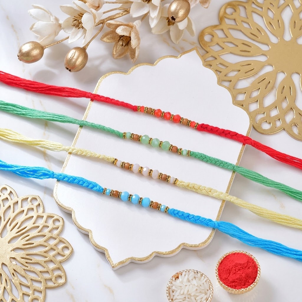 4 Piece Hand Braided Rakhi Collection with Kaju Katli