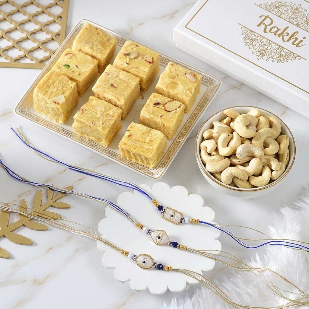 Set of 3 Elegant Evil Eye Rakhi with Sweets & Nuts