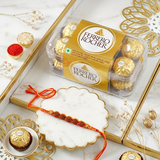 Cherished Kesariya Rudraksh Rakhi With Ferrero Rocher
