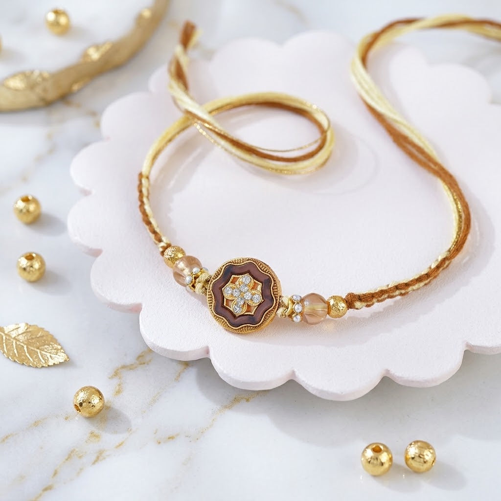 Blushing Rose Gold Flower Rakhi with Celebration Hamper