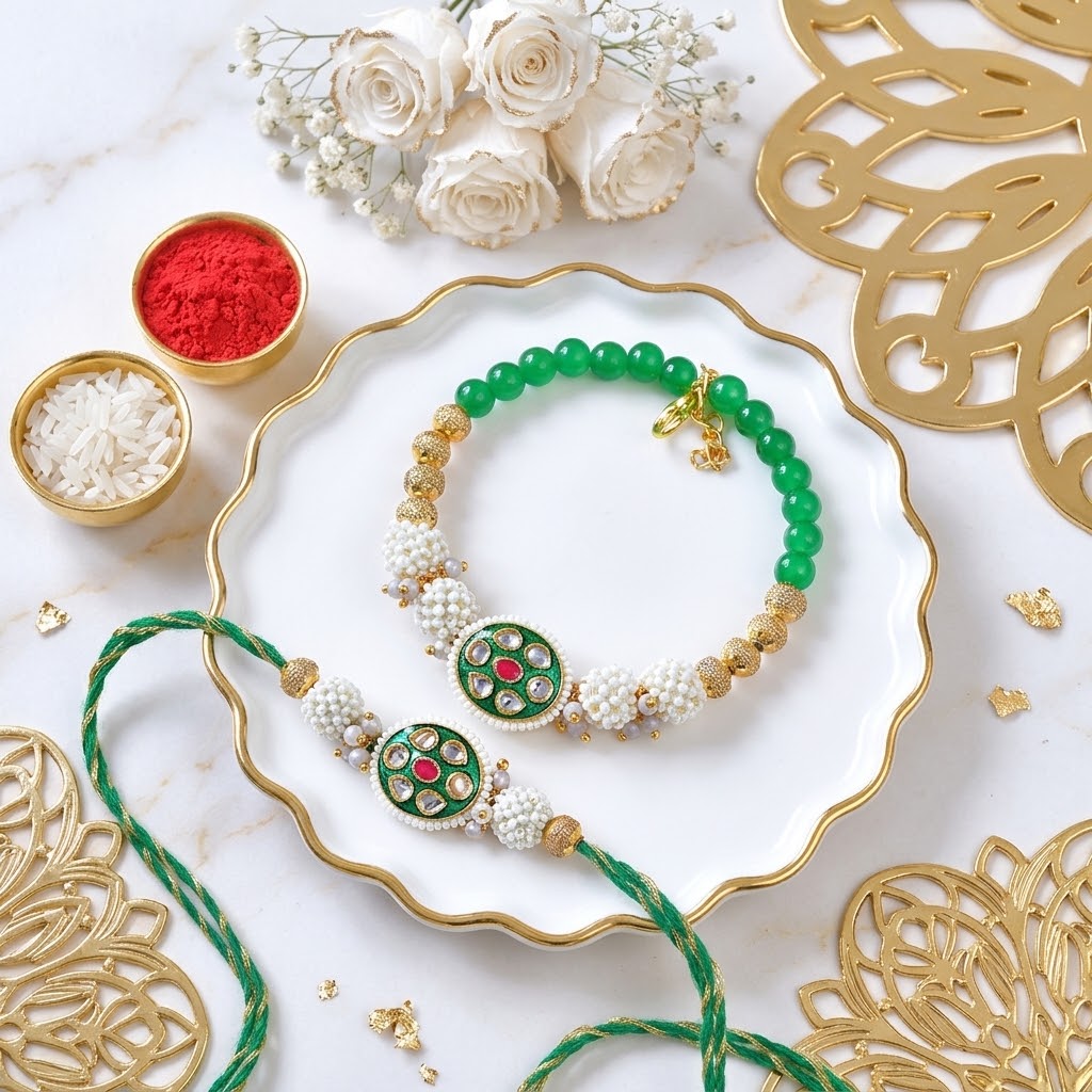 Elegant Golden Green Bhaiya Bhabhi Rakhi With Luxury Lidt Chocolates & Soan Papdi