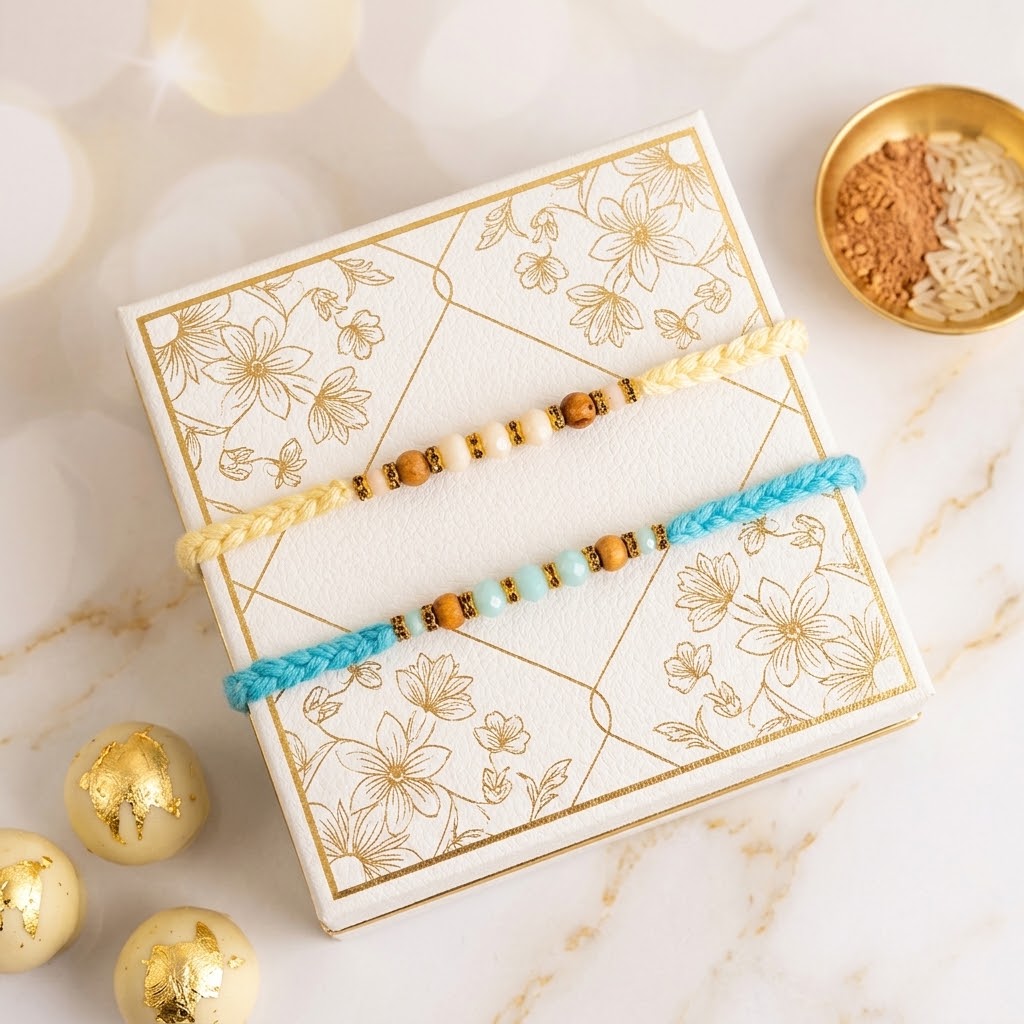 Handcrafted Bead Rakhi Duo With Kaju Katli