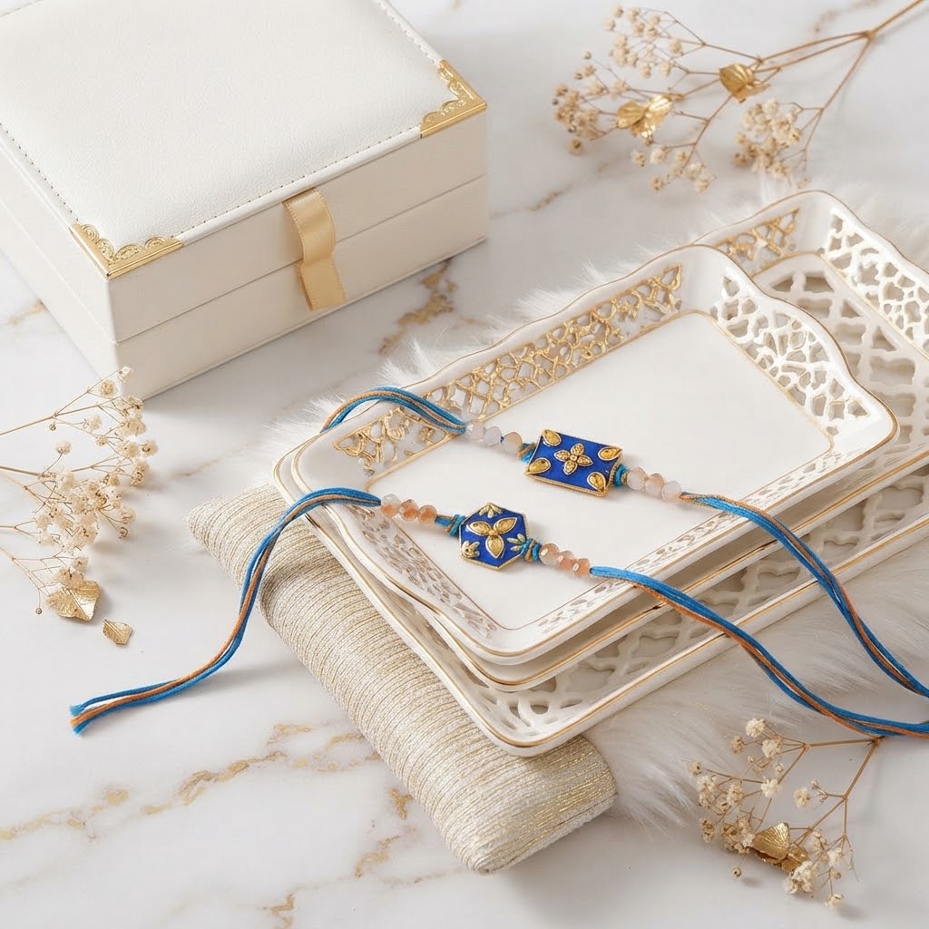 Royal Sapphire Rakhi Set With Baklava Sweet