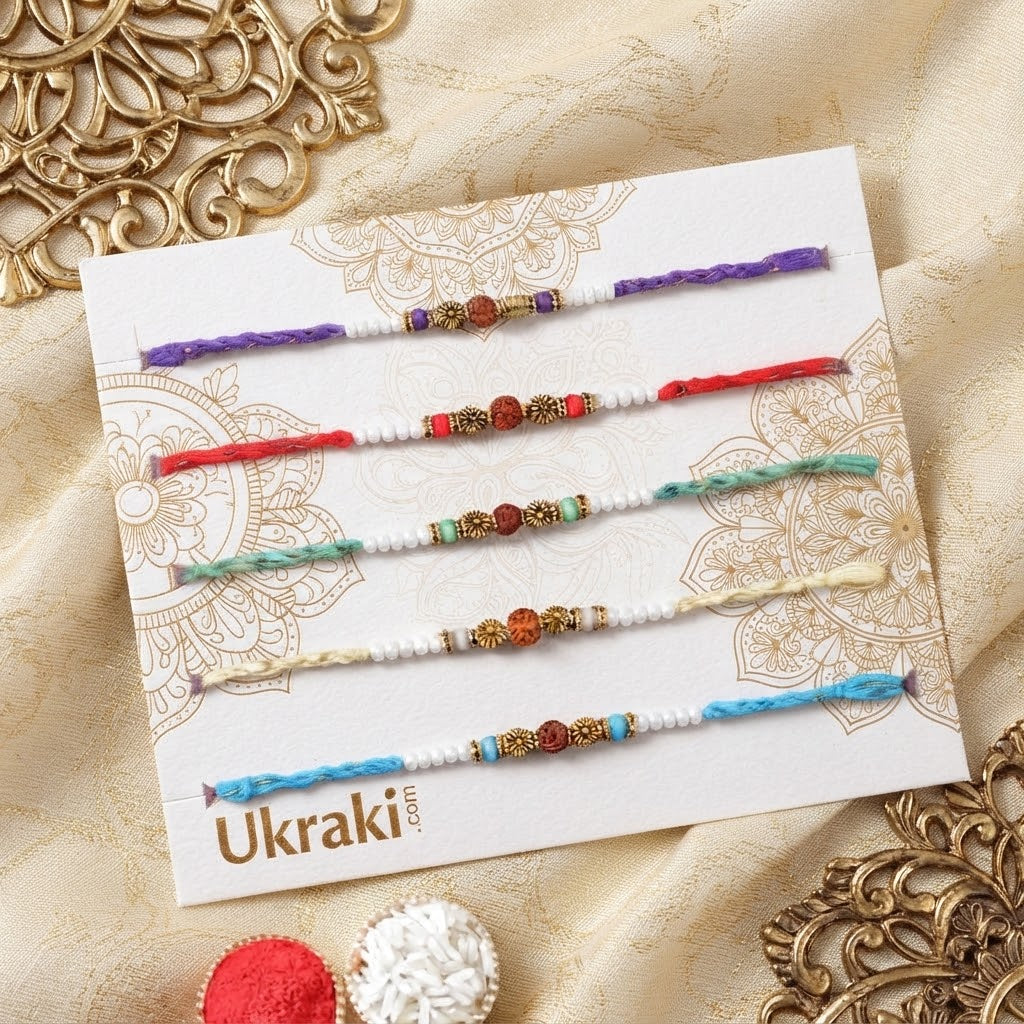 Elegant Rudraksha 5 Set Rakhi With Basan Laddu
