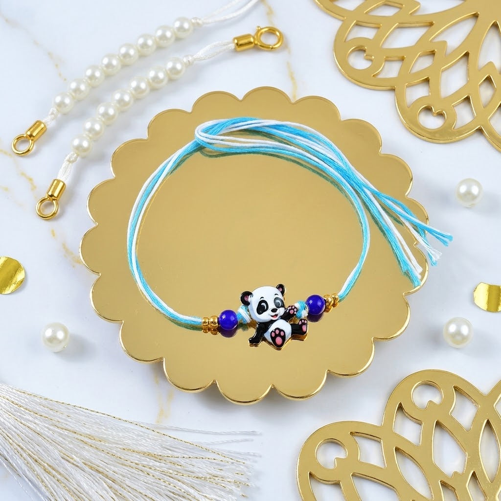 Adorable Panda Rakhi Gift Set with Snicker Chocolate & Besan Laddoo