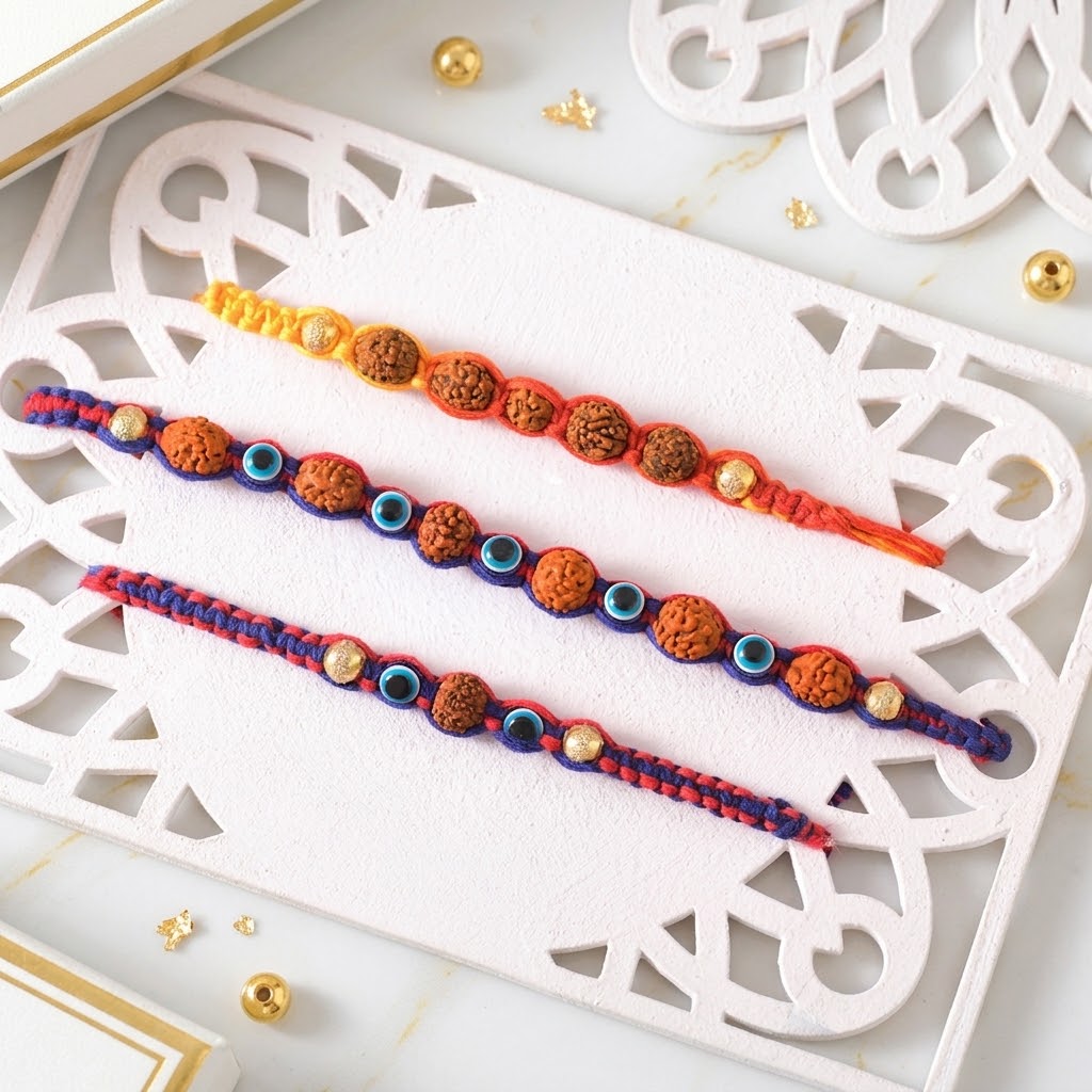 Rudraksha Heritage Rakhi Trio With Kaju Katli
