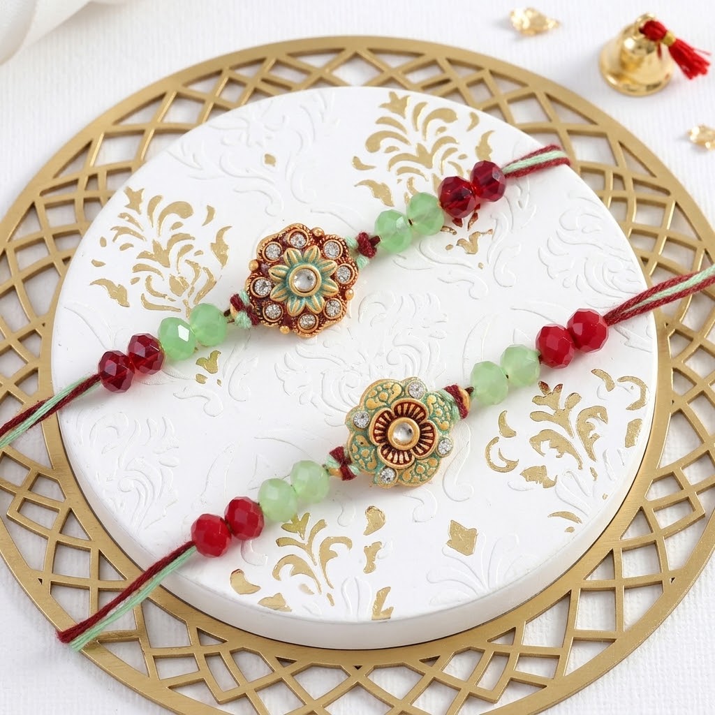 Emerald Bloom Rakhi With Besan Laddu & Snickers Chocolate