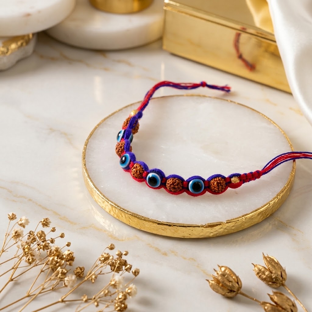 Protective Evil Eye Rudraksha Rakhi with Snickers Chocolates