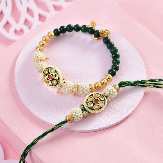 Elegant Golden Green Bhaiya Bhabhi Rakhi With Luxury Lidt Truffle
