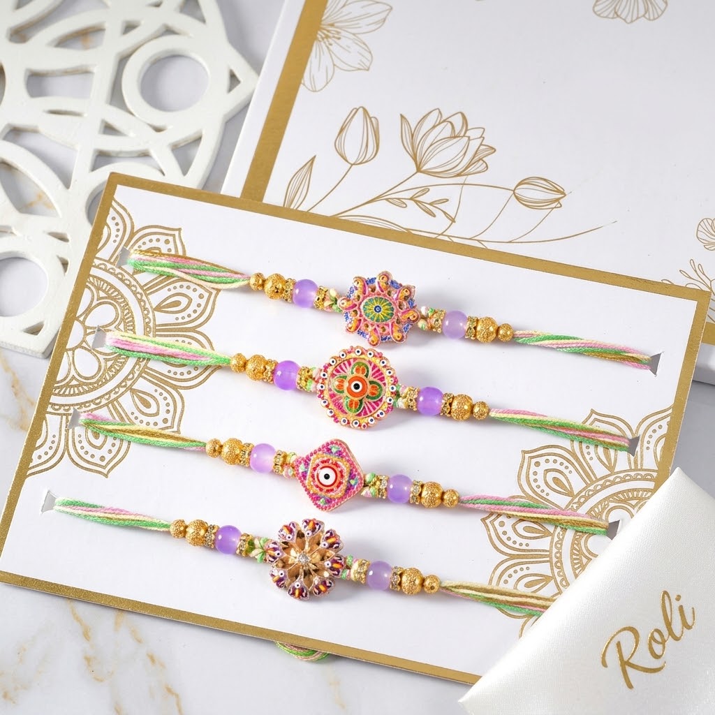 4 Piece Beautiful Festive Rakhi With Besan Laddu & Rasgulla