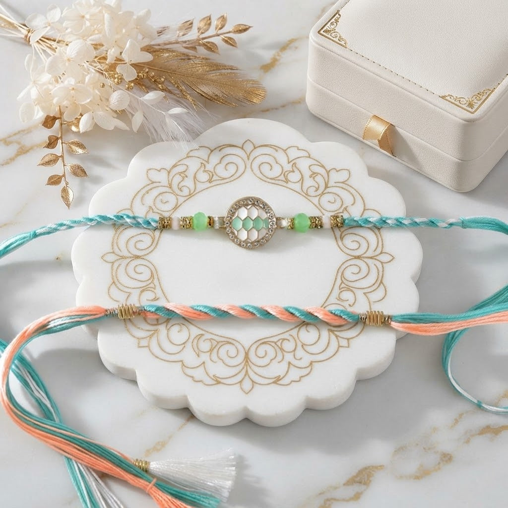 Turquoise Royale Rakhi Set  With Besan Laddu & Ferrero Rocher