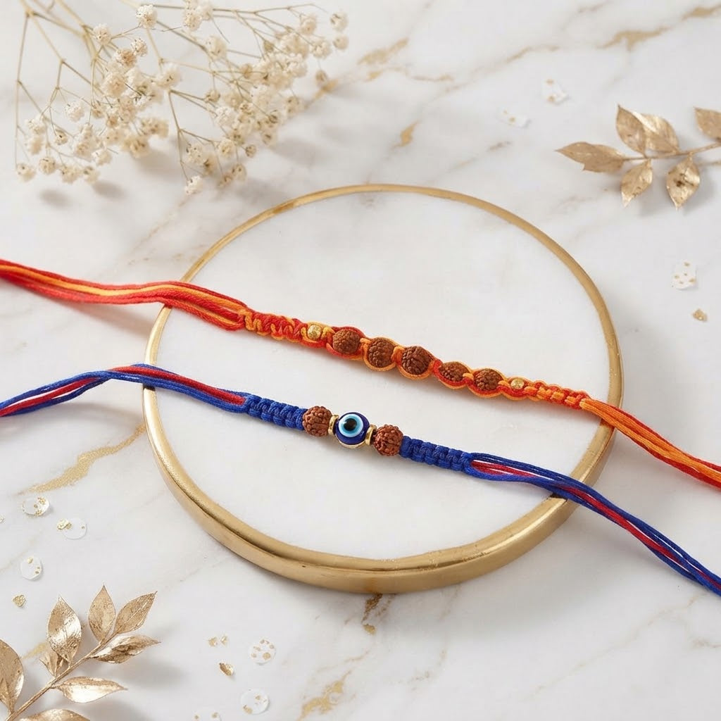 Hand Crafted Rudraksha Heritage Rakhi With Besan Laddu