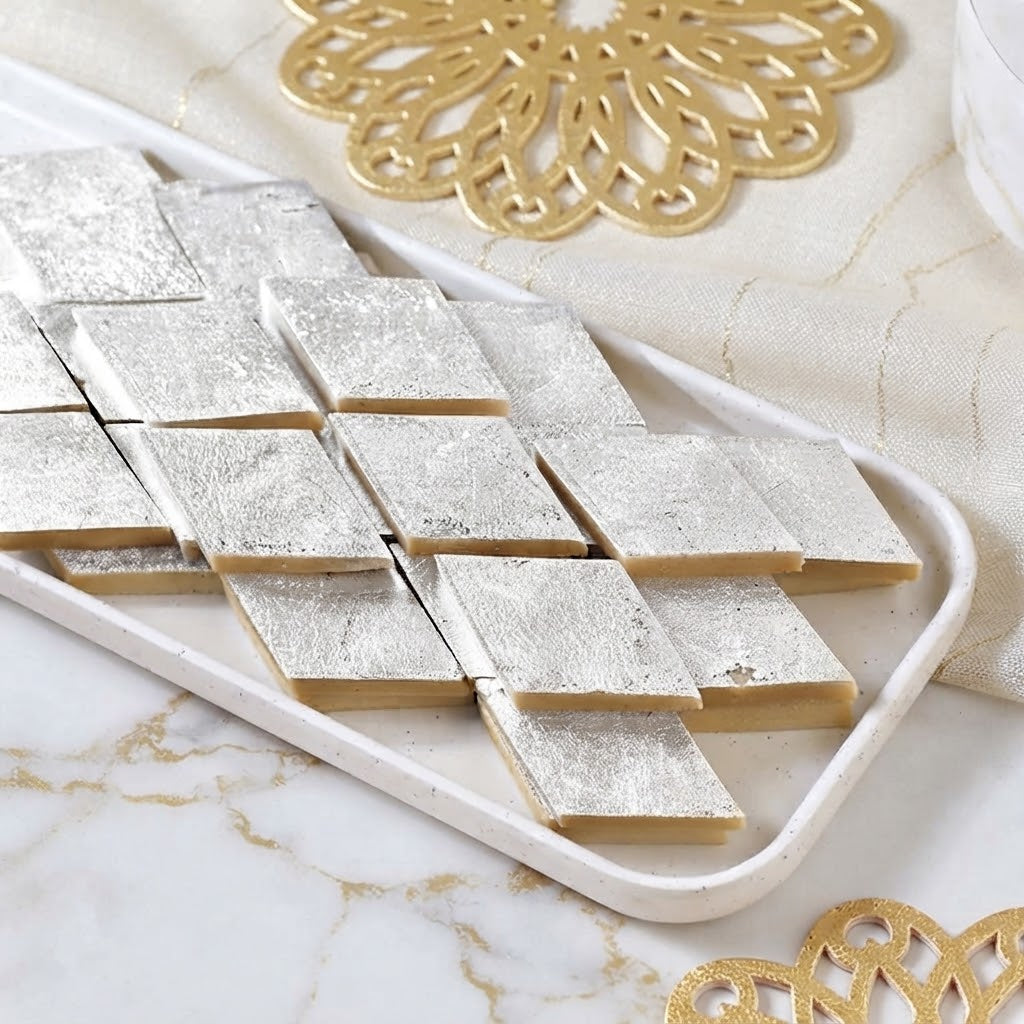 Blushing Rose Gold Flower Rakhi with Kaju Katli