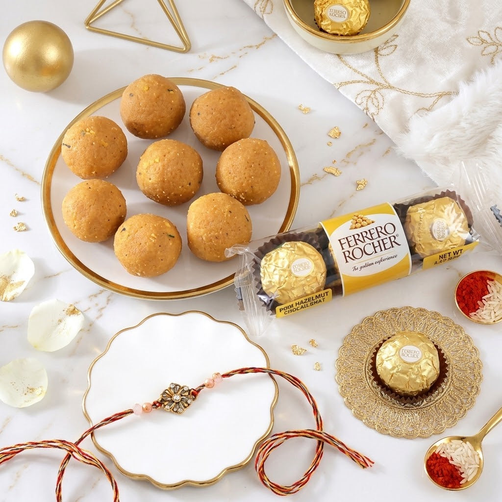 Timeless Golden Flower Rakhi with Besan Laddu & Ferrero Rocher