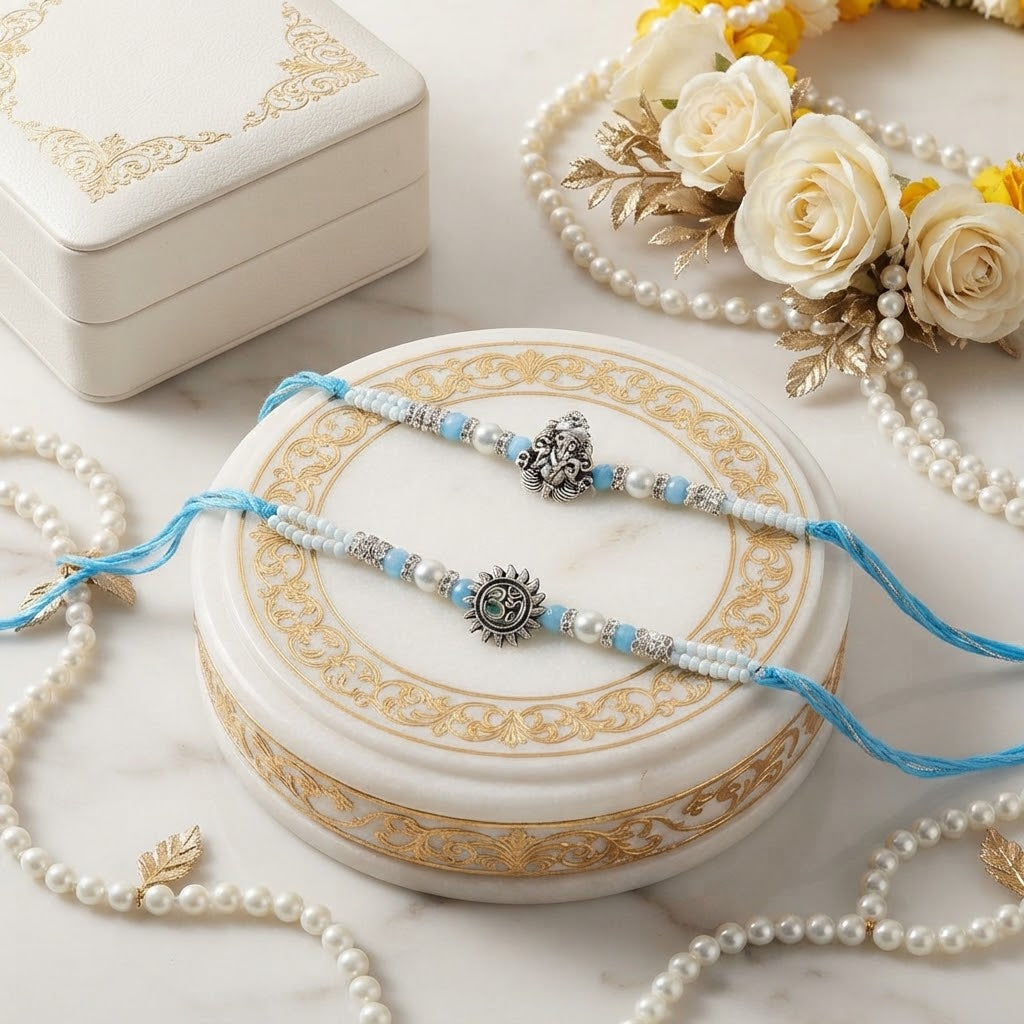 Sacred Ganesha & Surya Rakhi Set With Besan Laddu
