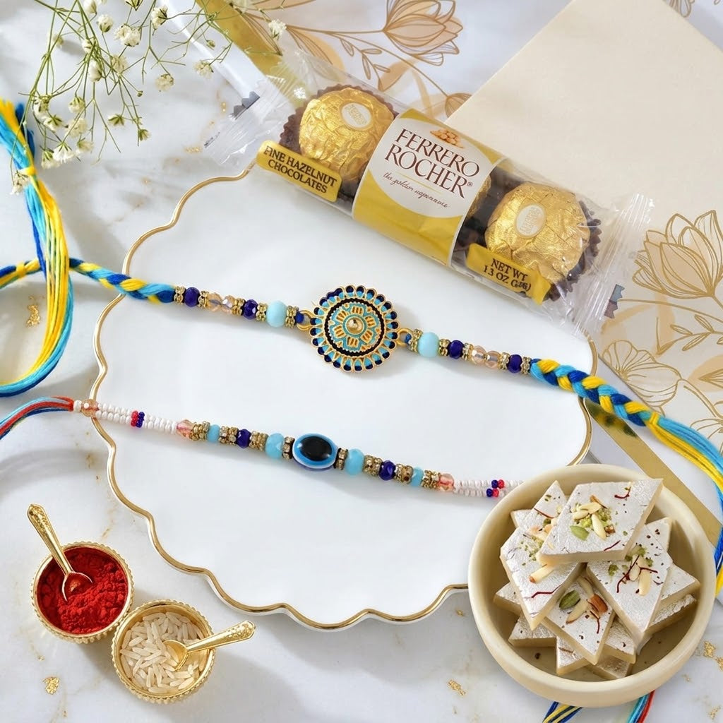 Royal Raja Rani Rakhi set With Ferrero Rocher & Almond Barfi