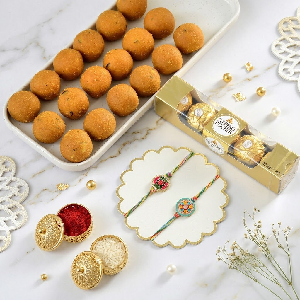 Set of 2 Modern Rakhi With Besan Laddu & Ferrero Rocher