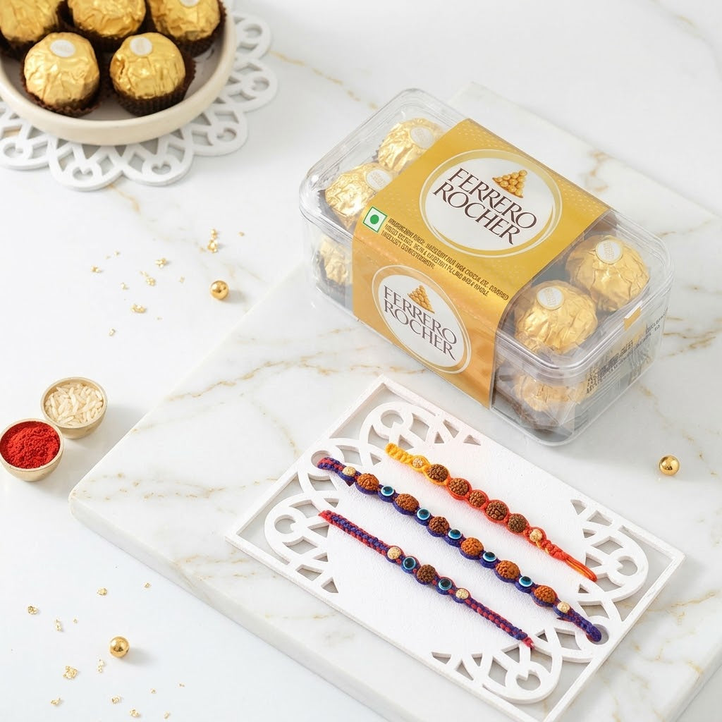 Rudraksha Heritage Rakhi Trio With Ferrero Rocher Chocolate