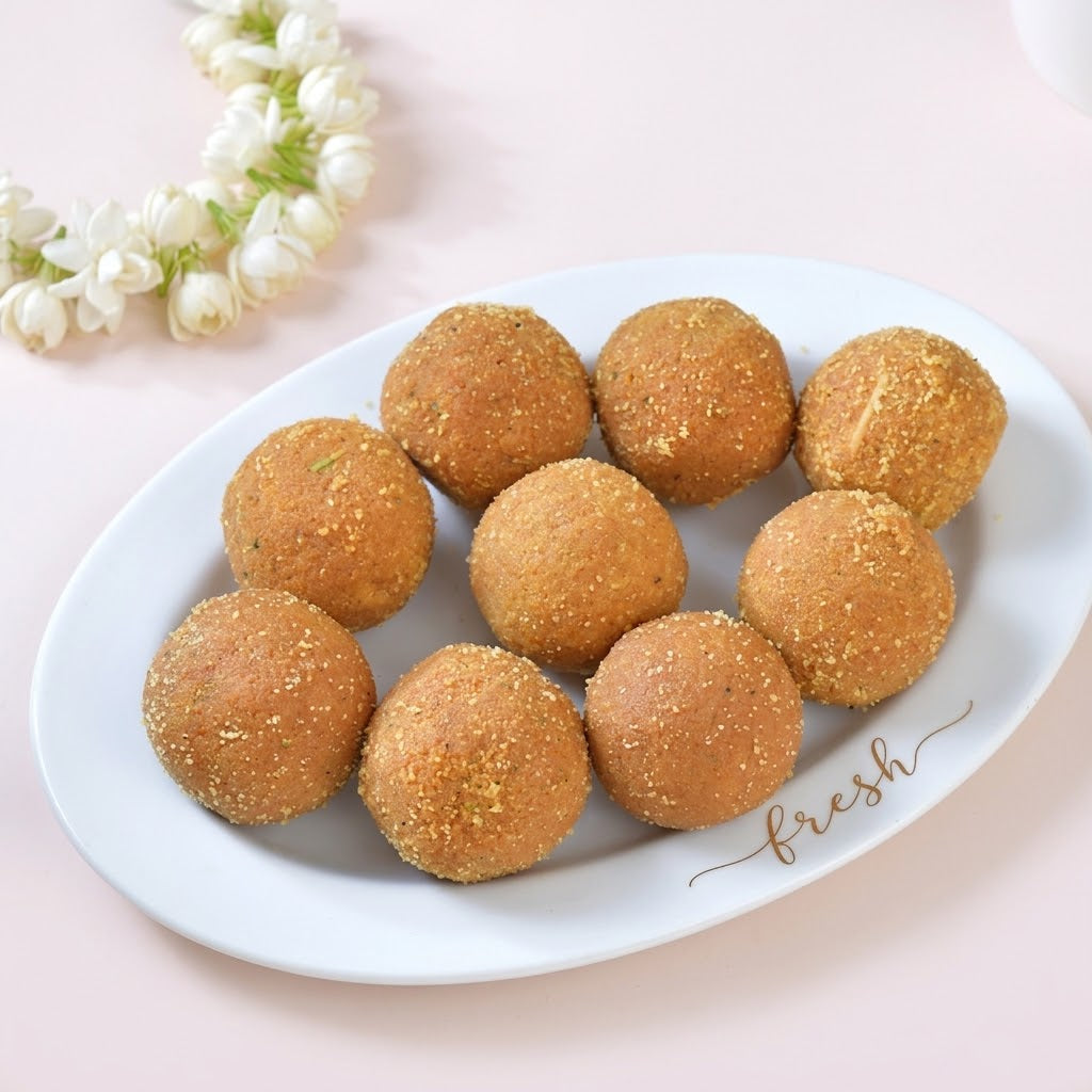 Blushing Rose Gold Flower Rakhi with Besan Laddu