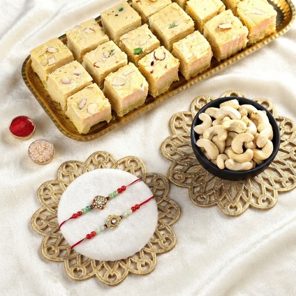 Emerald Bloom Rakhi With Soan Papdi & Cashew Nuts