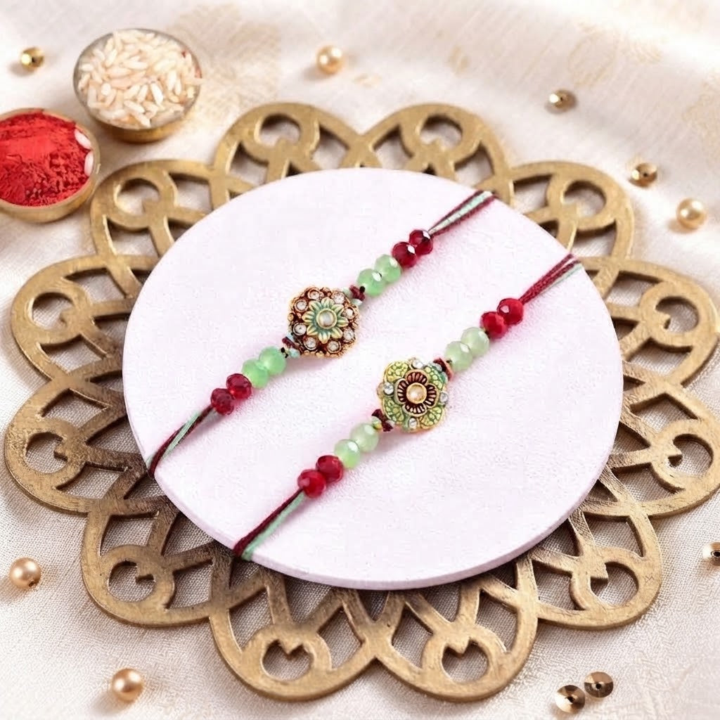 Emerald Bloom Rakhi With Soan Papdi & Cashew Nuts