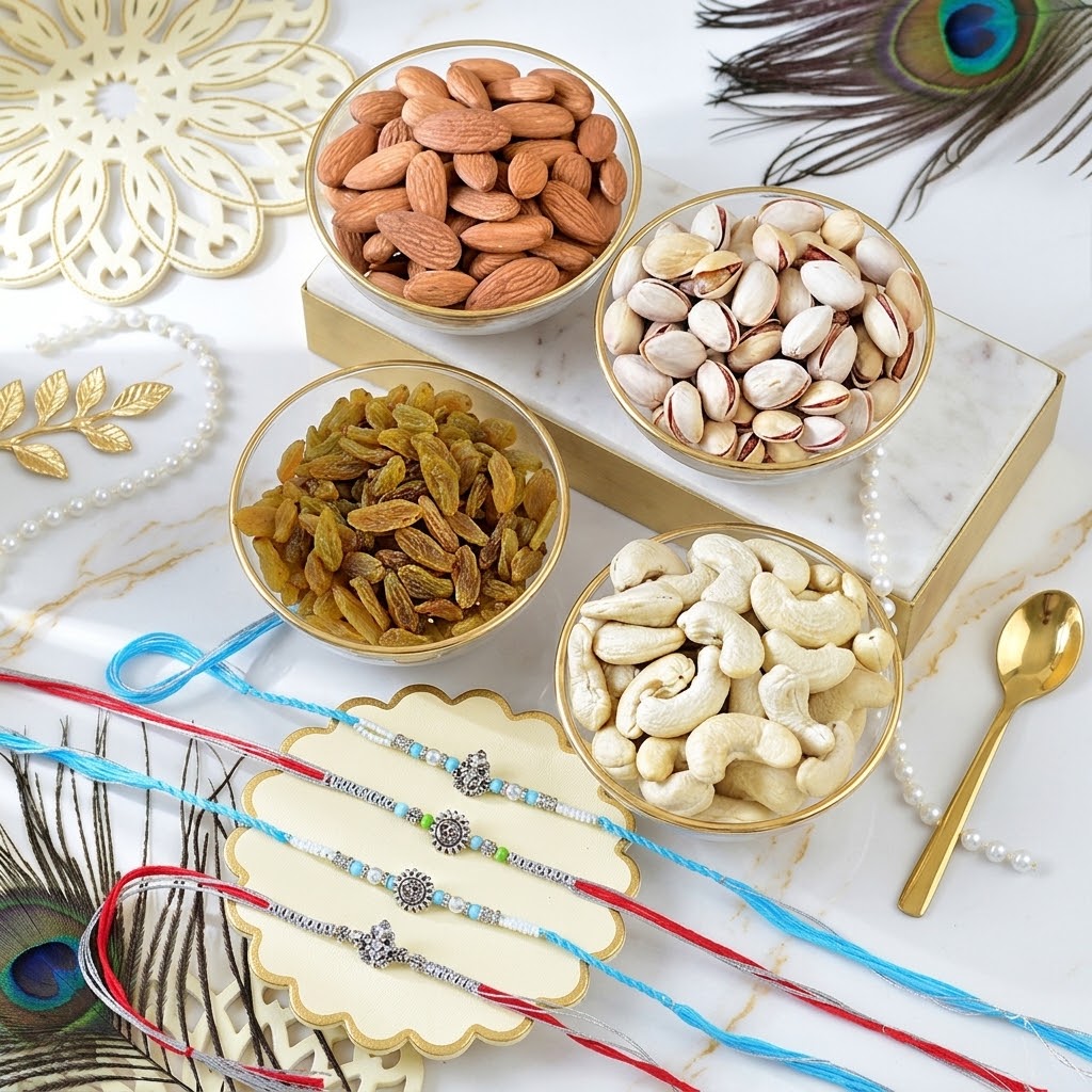 4 Piece Sacred Blessings Rakhi Dry Fruit & Nut Hamper