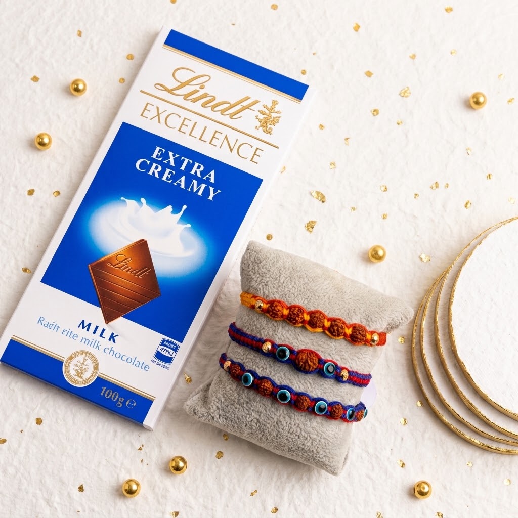 Rudraksha Heritage Rakhi Trio With Lindt Chocolate Bar