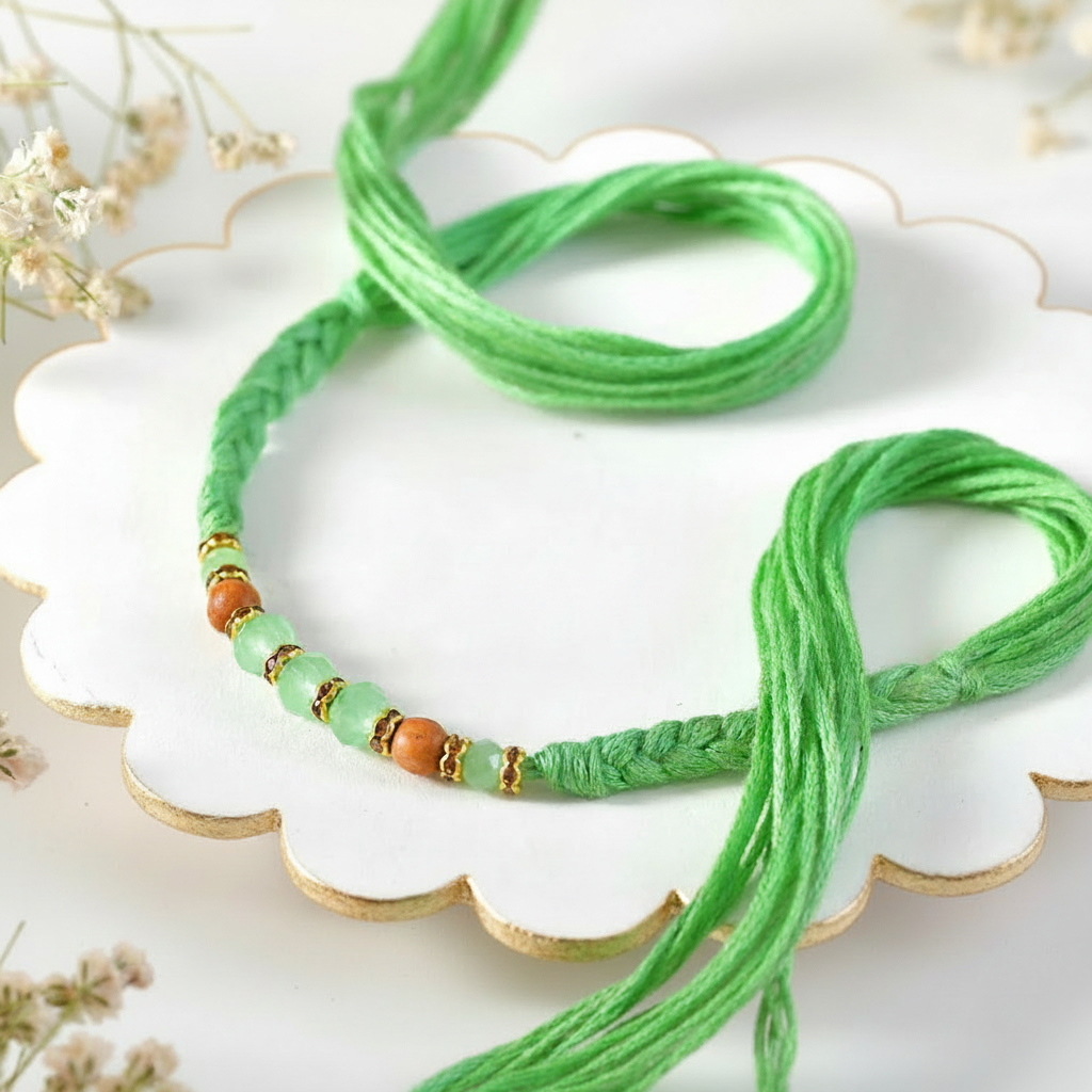Colourful rakhi bracelets in polished white and gold product photography