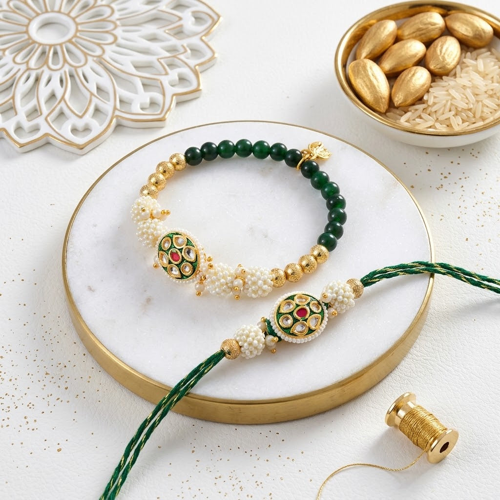 Elegant Golden Green Bhaiya Bhabhi Rakhi With Kaju Katli